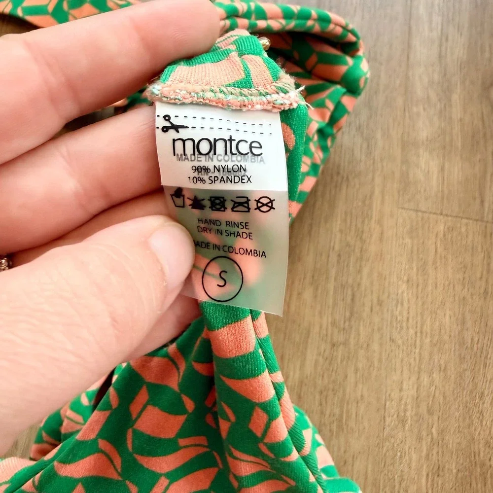 NWT Montce Geo Hayden Bikini Top Green Orange Geometric Knot Front Swim Size S